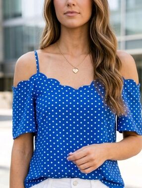 NWT Monteau Blue Polka Dot Cold-Shoulder Blouse Size Medium